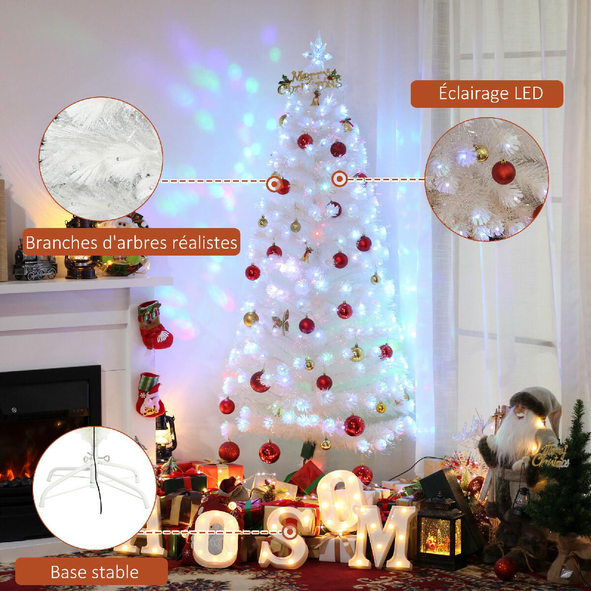 Sapin de Noël artificiel blanc sapin lumineux fibre optique + 220 LED couleurs RVB 7 modes support pied inclus Ø 80 x 180H cm 220 branches étoile sommet brillante