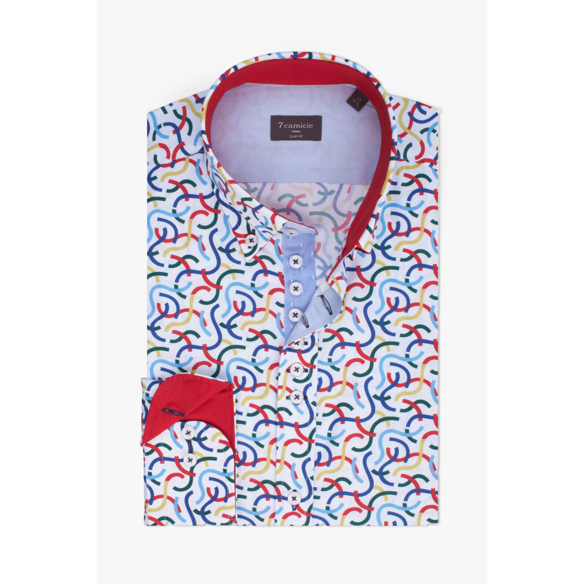 Camicia Uomo 1 Bottoni Button Down Slim Popeline Stampato Bianco e Rosso
