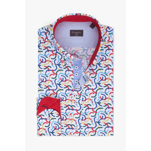 Camicia Uomo 1 Bottoni Button Down Slim Popeline Stampato Bianco e Rosso
