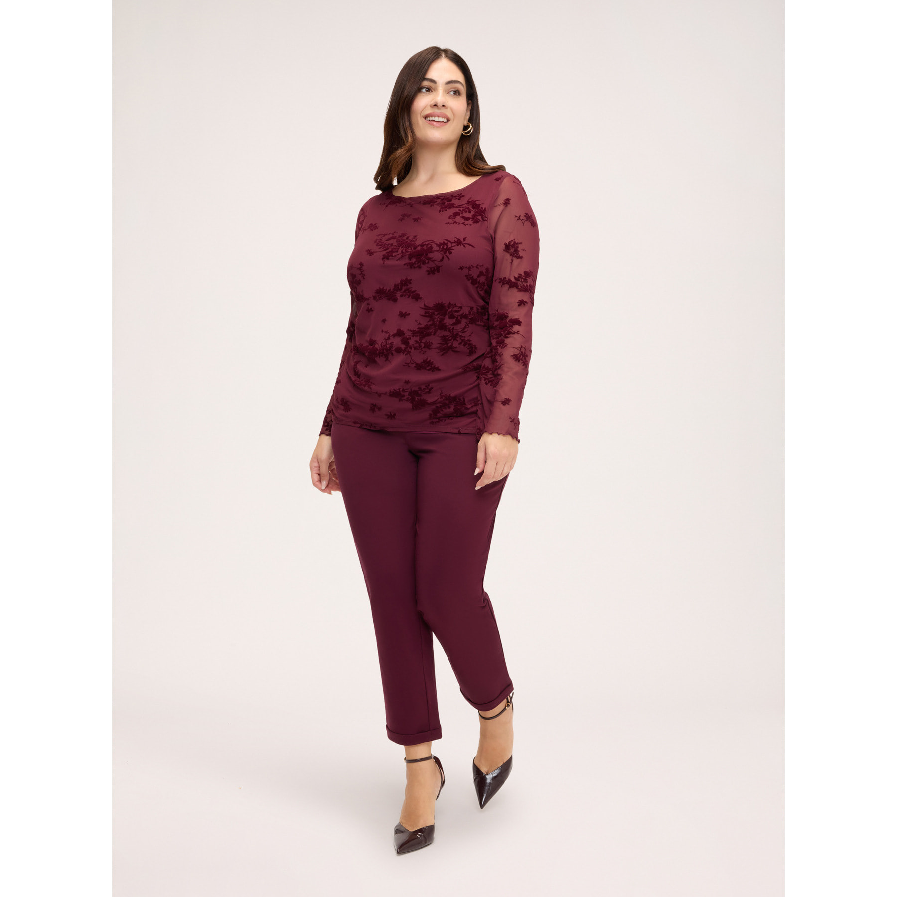 Fiorella Rubino - T-shirt in tulle con ricamo flock - Bordeaux