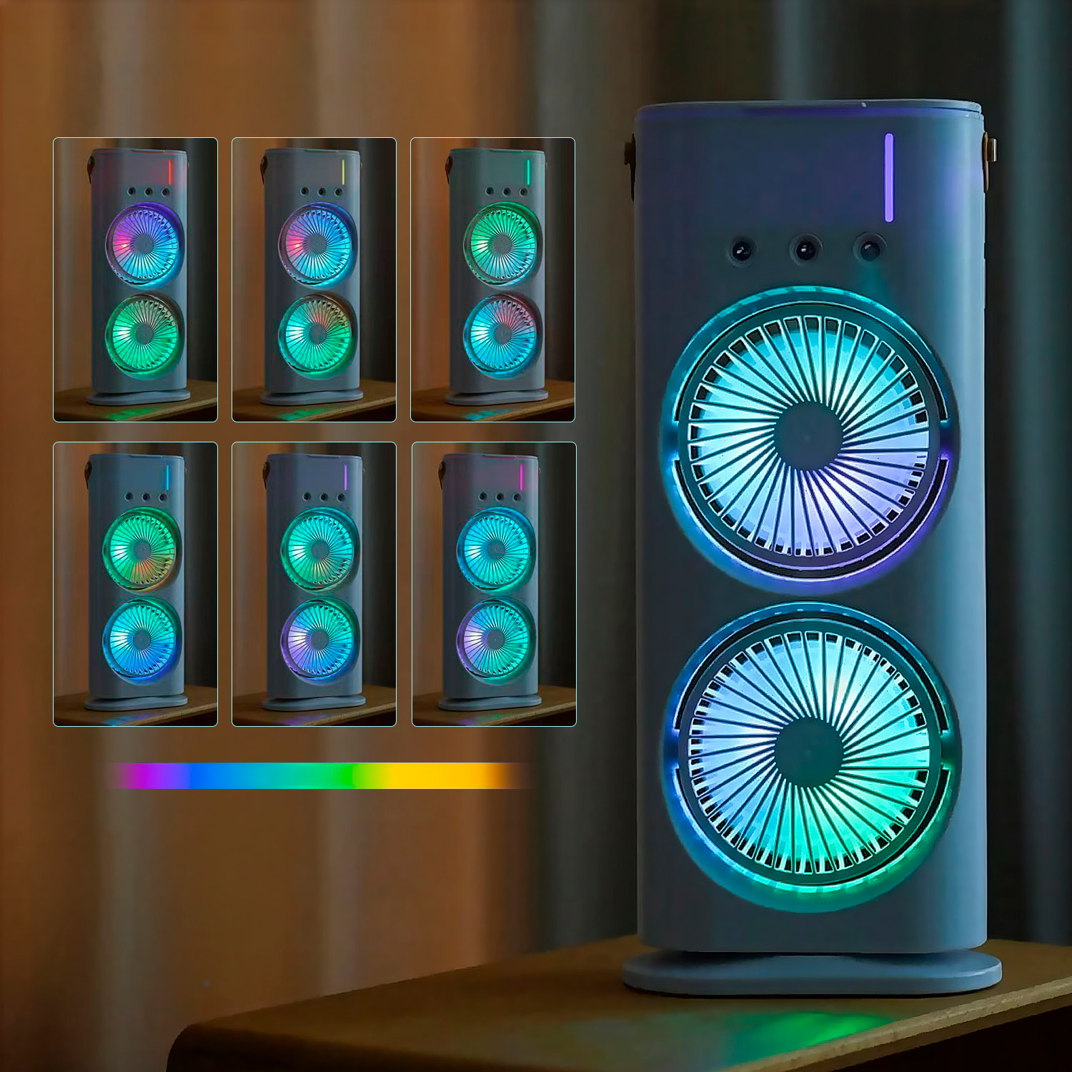 Ventilador de sobremesa F18. Con luz RGB de doble cabezal, función de nebulización, 3 velocidades, oscilación de 90° y batería recargable. Incluye control remoto.