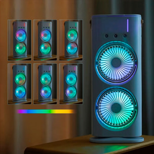 Ventilador de sobremesa F18. Con luz RGB de doble cabezal, función de nebulización, 3 velocidades, oscilación de 90° y batería recargable. Incluye control remoto.