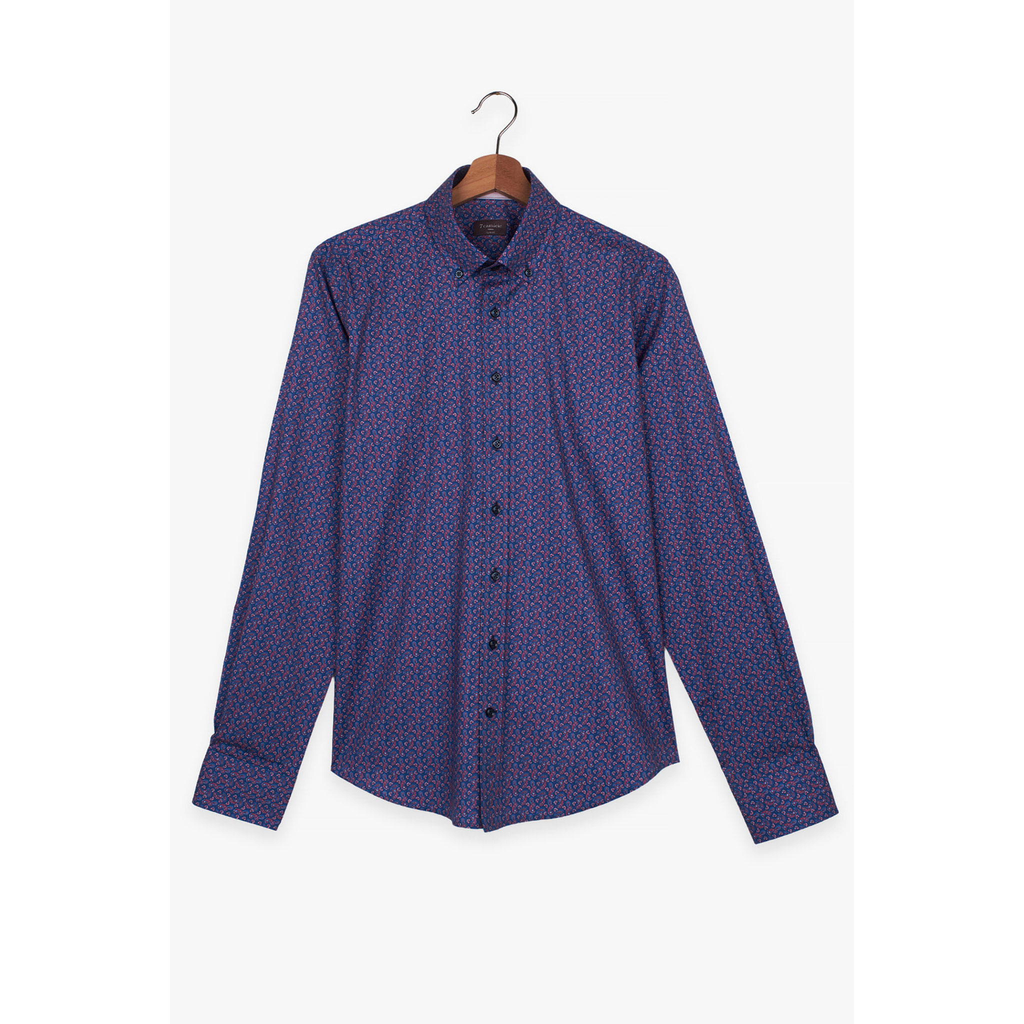 camicia uomo 1 bottone button down slim Popeline Stampato Blu e Rosso