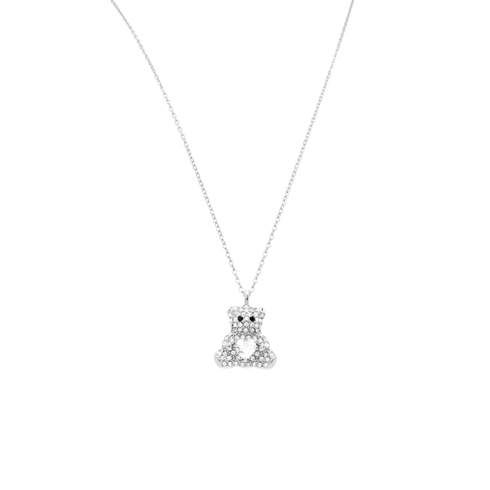 Collana in acciaio argentato con pendente orsetto e strass