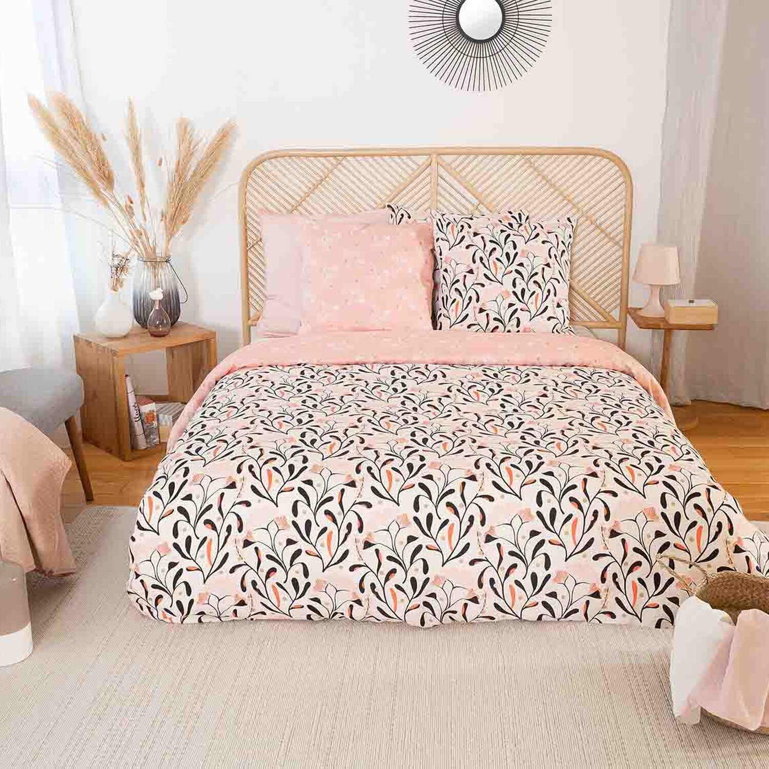 Parure housse de couette imprimé 100% satin de coton - joy - rose