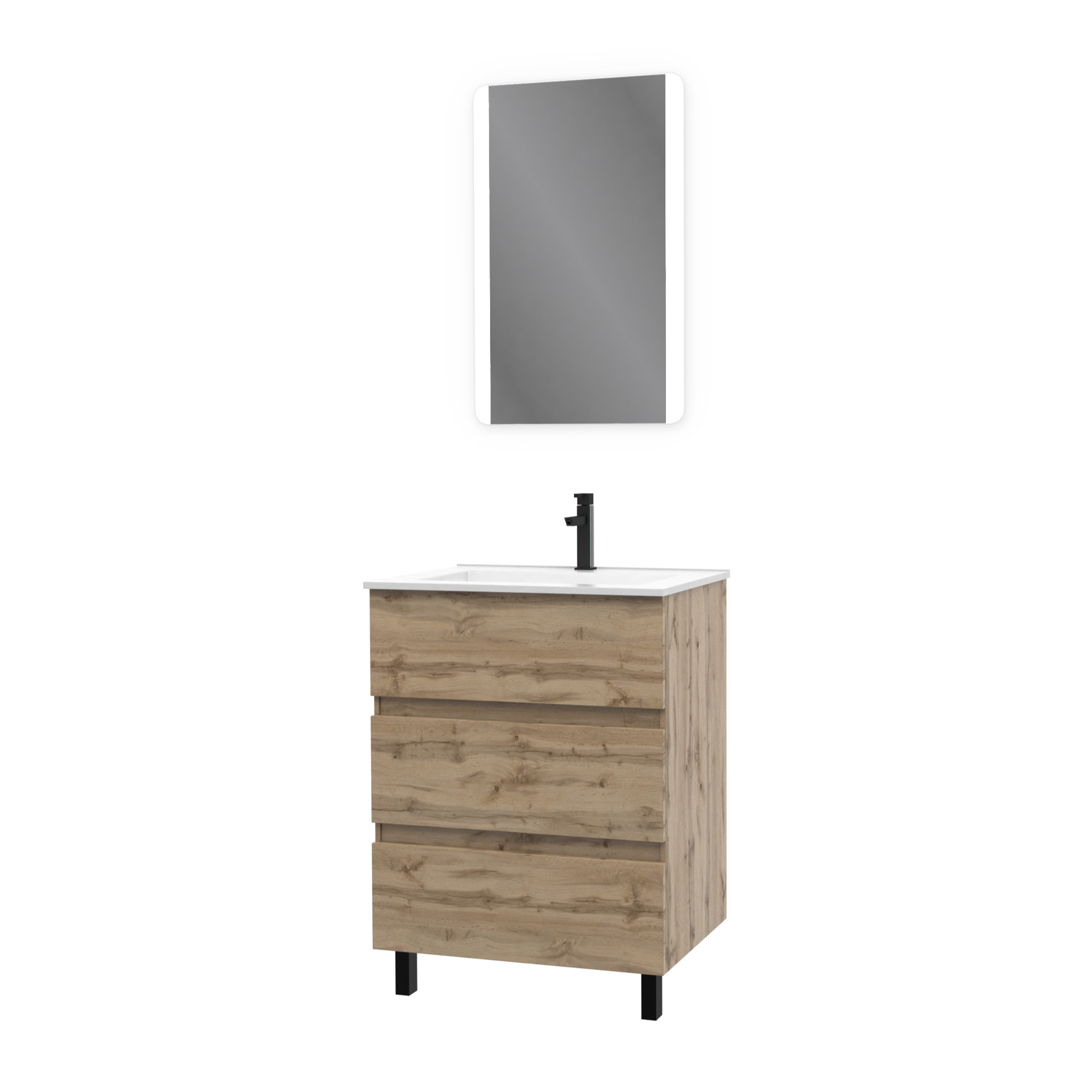 Pack Meuble SDB 60cm sur pieds 3 tiroirs Chene Naturel - Vasque blanche + Miroir Led - TIMBER 60