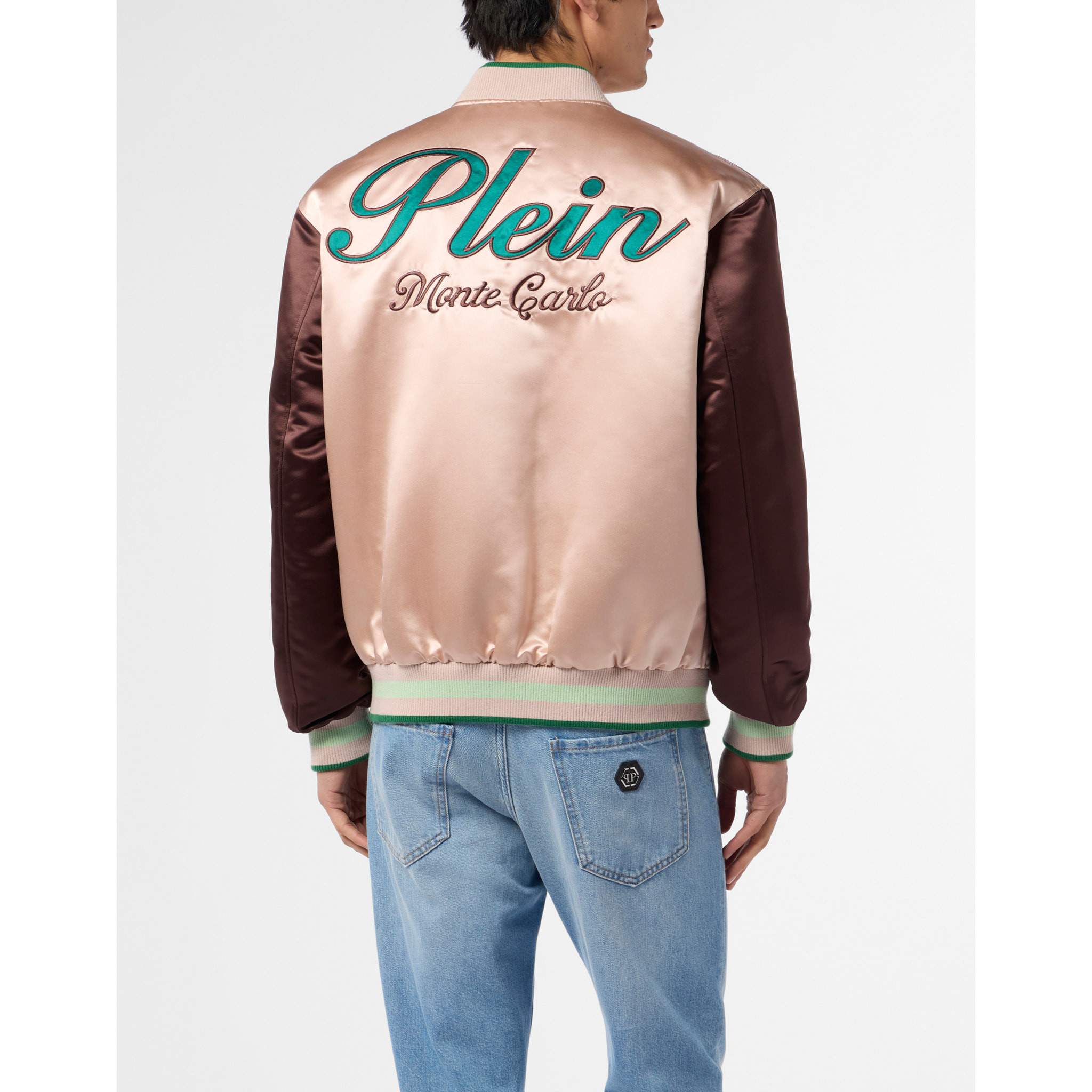 PHILIPP PLEIN Shiny Satin College Bomber Signature Monte Carlo