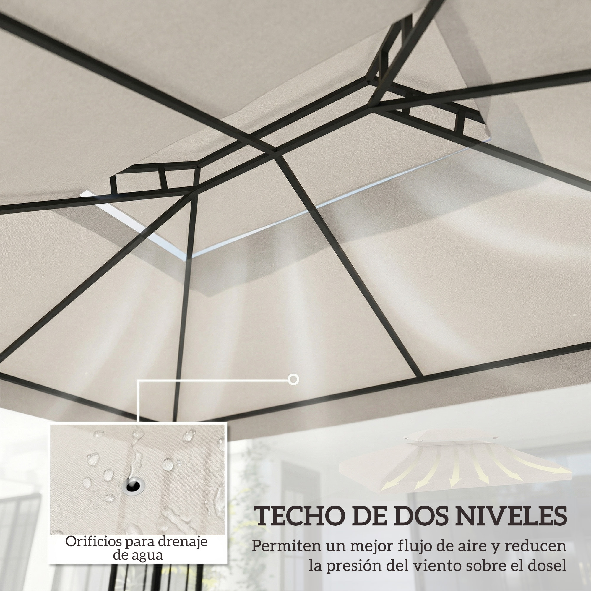 Techo de Repuesto para Cenador, 4x3 m, Cubierta de Repuesto con Techo Doble, 10 Orificios de Drenaje y Protección UV, SOLO Toldo de Recambio para Pabellón Gazebo, Blanco Crema