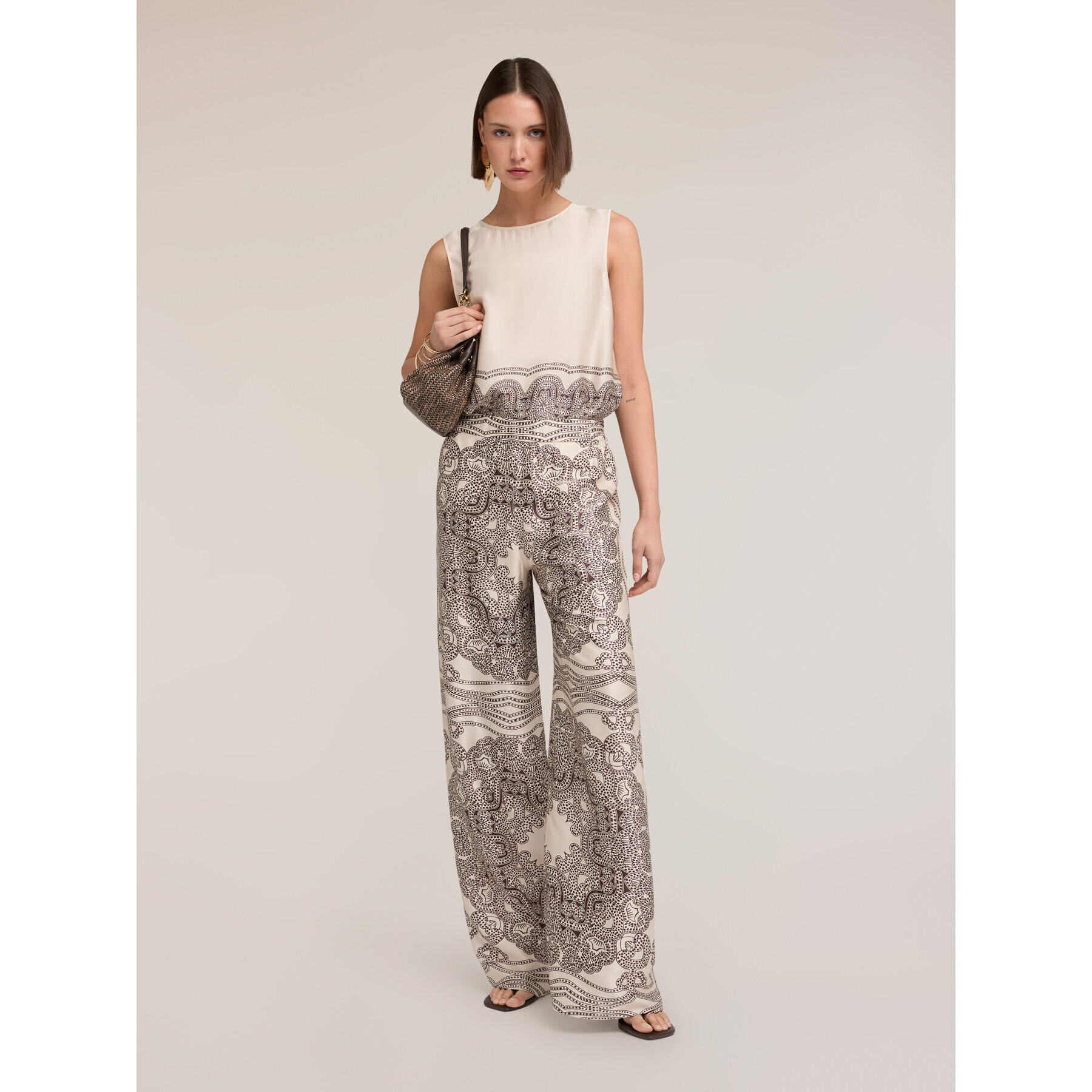 Motivi - Pantaloni palazzo in raso di viscosa stampata - Beige