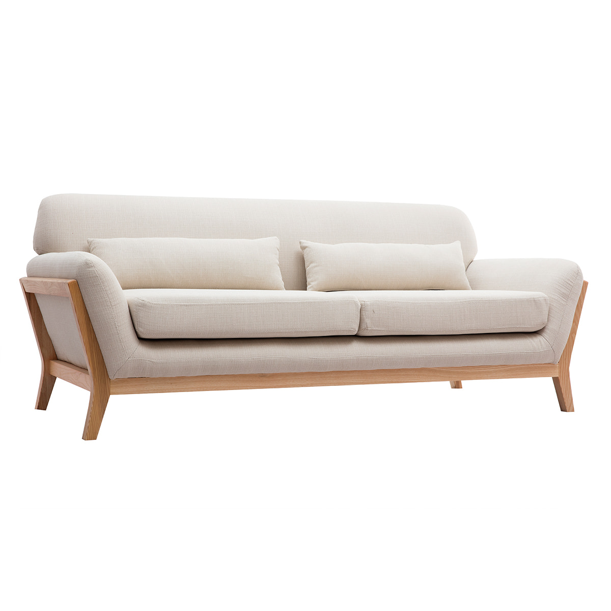 Canapé scandinave 3 places en tissu beige et bois clair YOKO