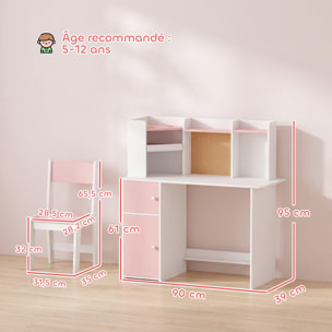 Bureau enfant chaise design multi-rangement avec panneau en liège blanc rose