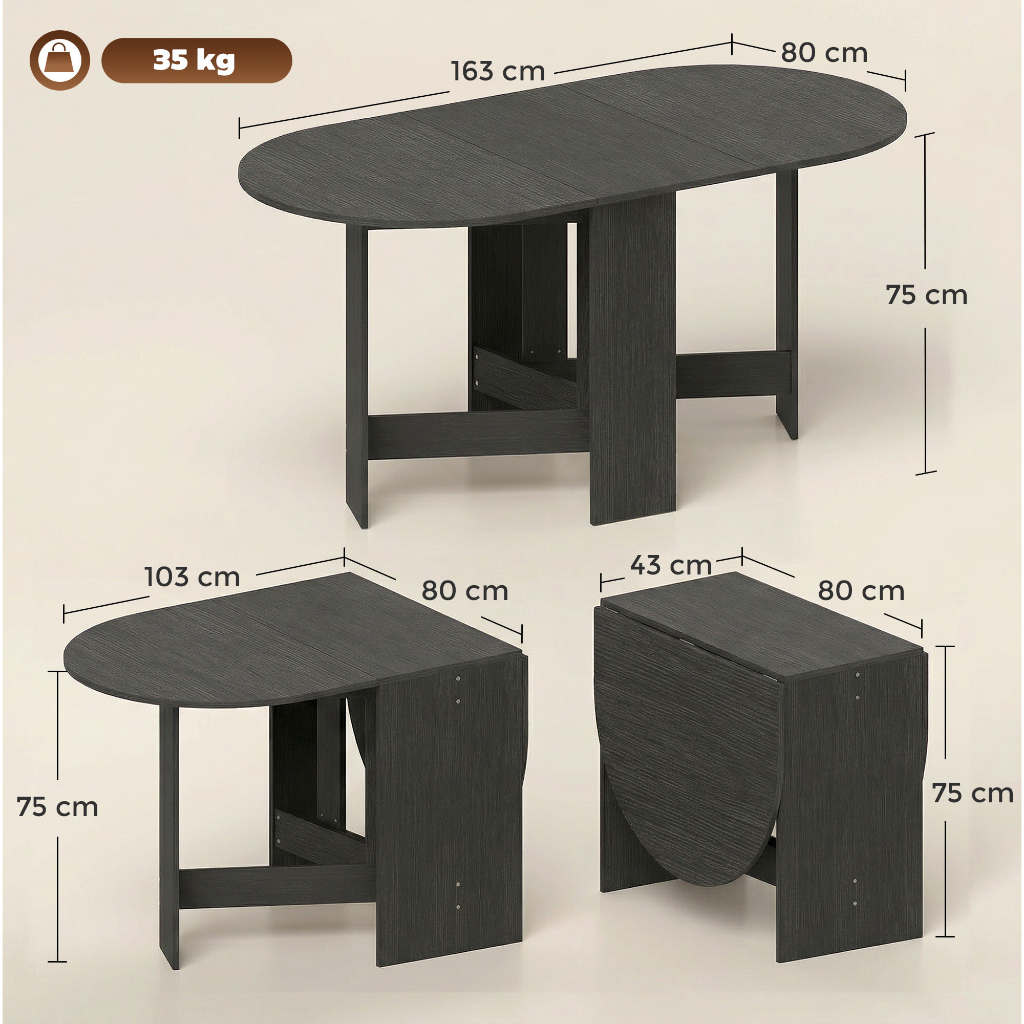 Mesa Plegable de Comedor, Mesa de Cocina Plegable Ovalada, 163x80x75 cm con Alas Abatibles, Hasta 6 Personas, para Comedor, Salón, Espacio Pequeño, Negro