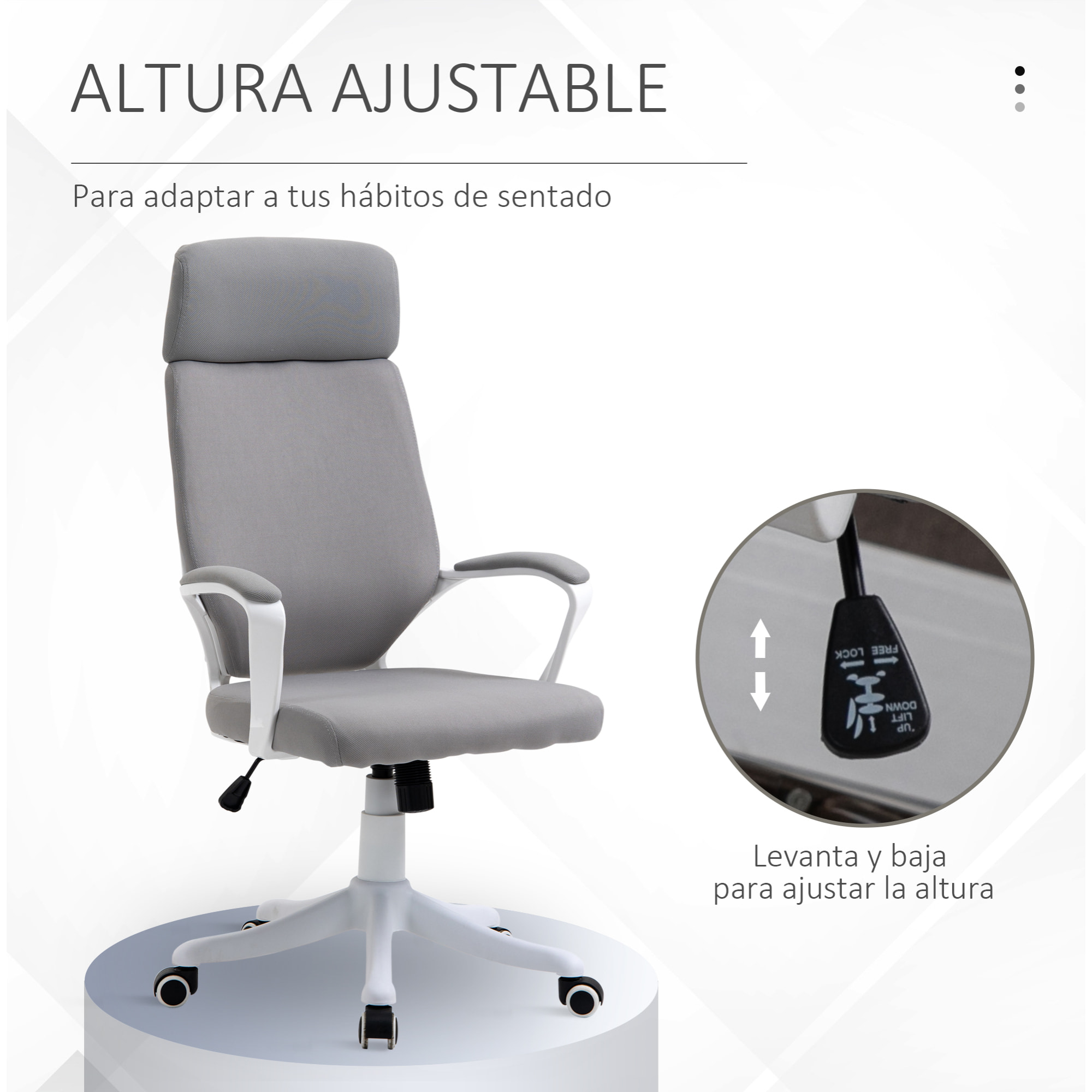 Silla de Oficina Ergonómica Silla Escritorio Giratoria Ajustable en Altura con Reposabrazos Reposacabezas y Respaldo Alto 63x65x112-120 cm Gris