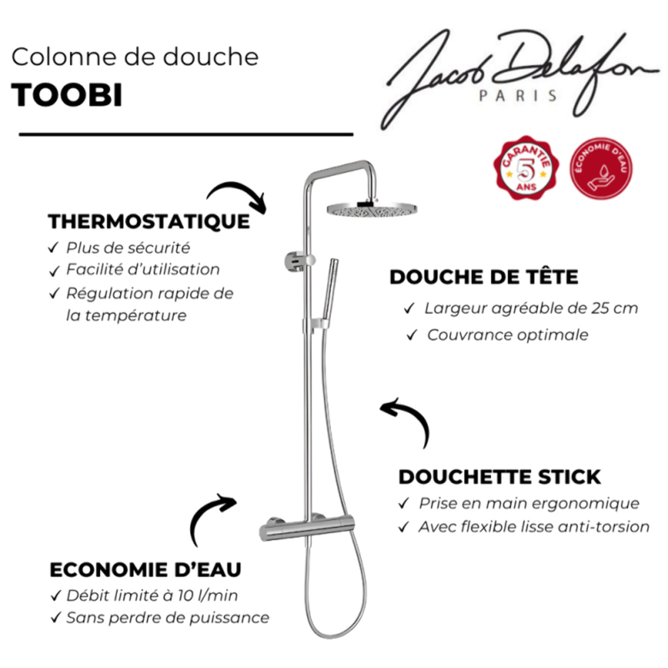 Jacob Delafon - Colonne douche thermostatique Toobi douchette 1 jet chrome