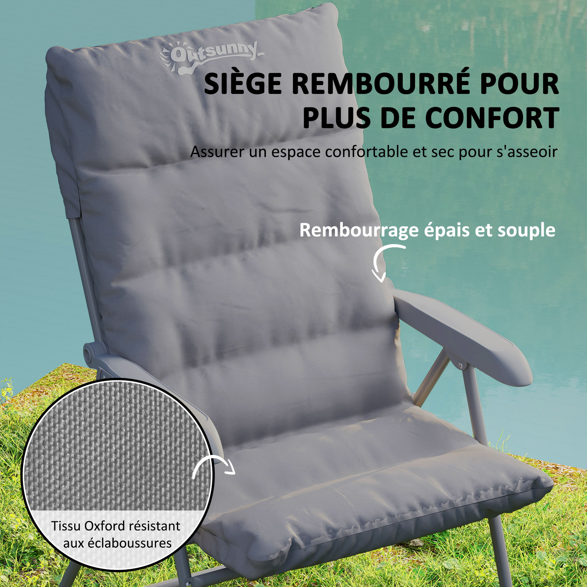 Chaise de camping pliante rembourrée inclinable grand confort gris