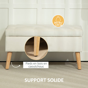 Banquette coffre design scandinave - piètement effilé bois assise effet capitonné velours crème