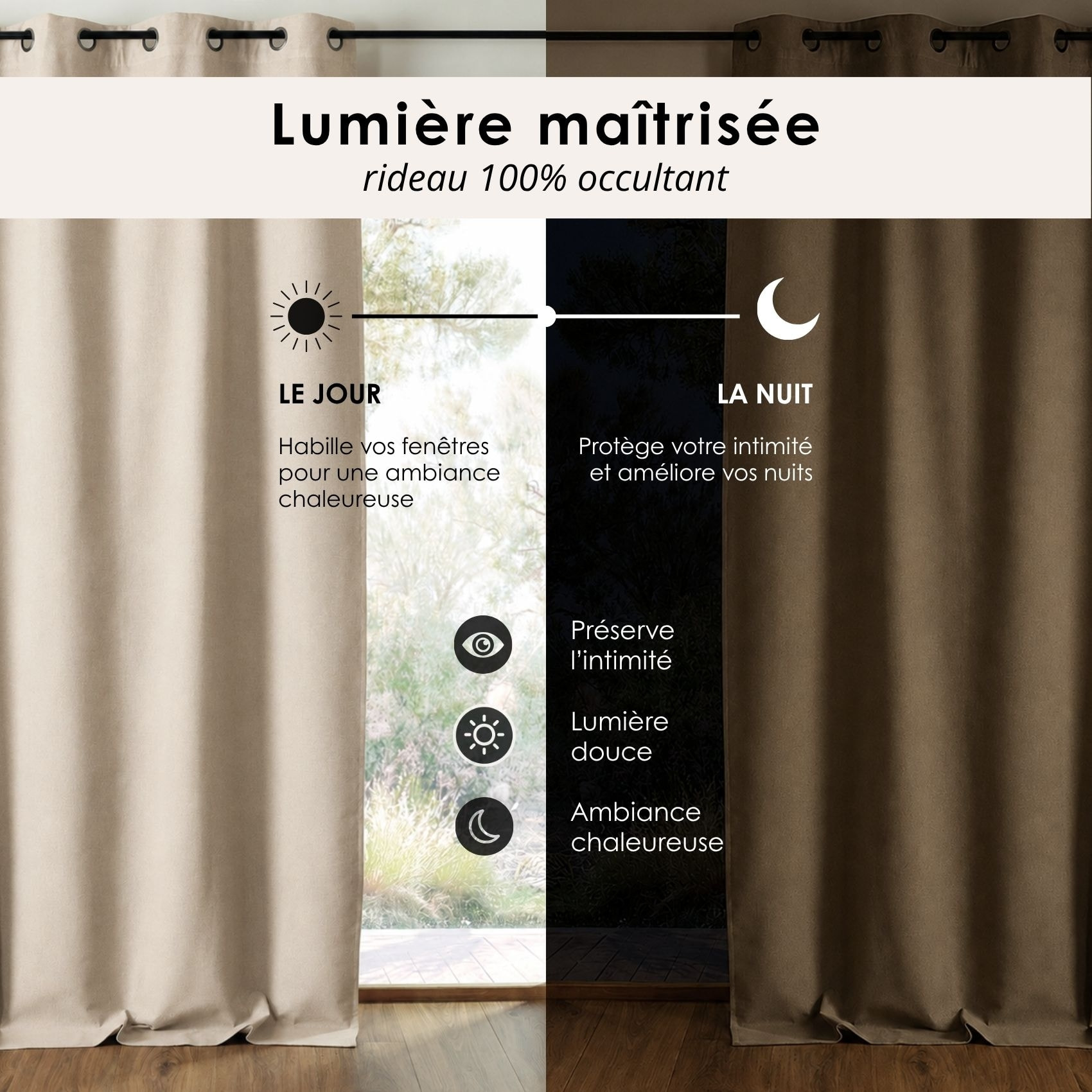 Rideau 100% occultant double face galon fronceur MIDNIGHT - Naturel