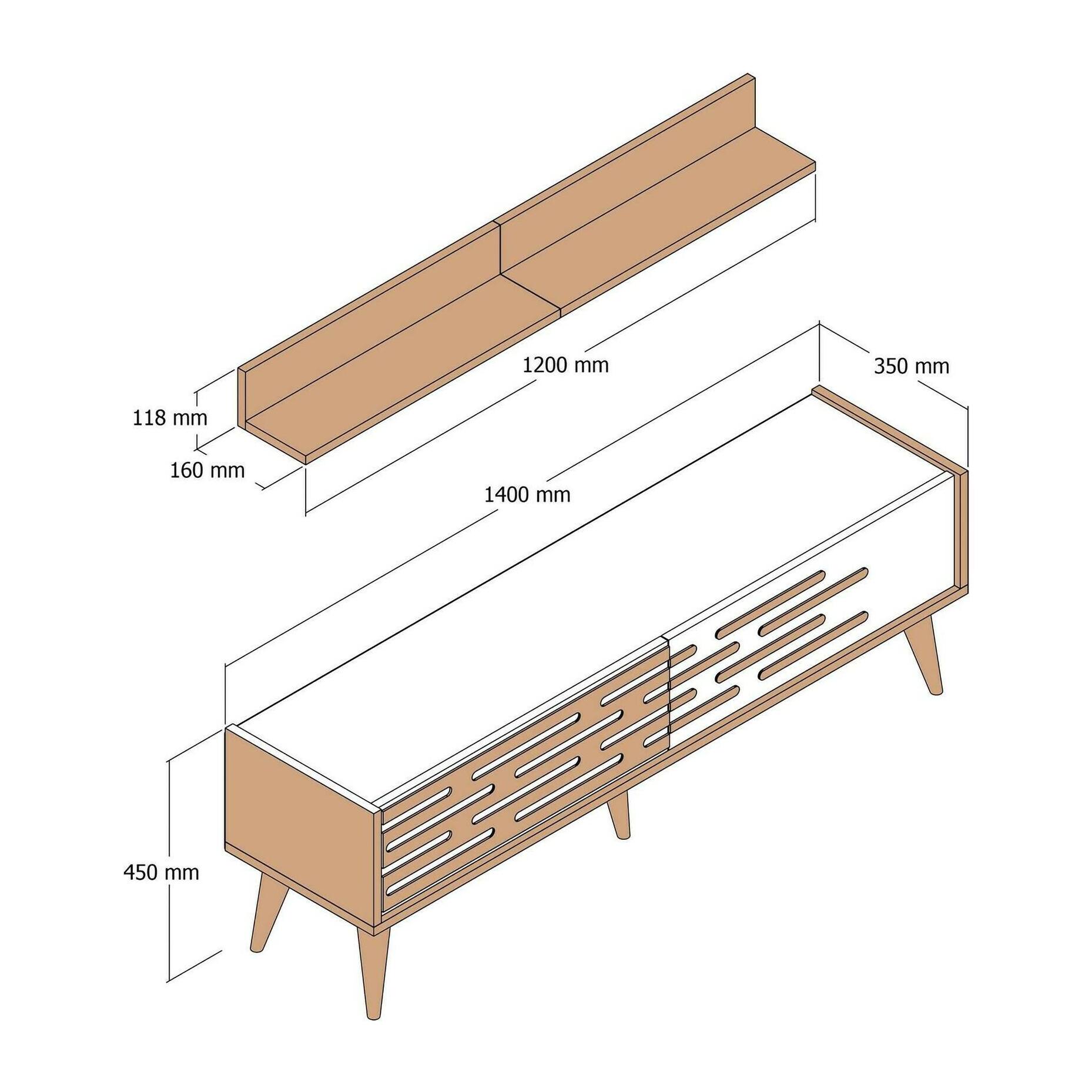 Mobile porta TV Daanesta, Credenza da soggiorno, Armadio basso per TV, Base parete attrezzata, 140x45h35 cm, Noce e Bianco