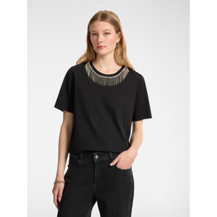 Elena Mirò - Camiseta con flecos de strass - Negro