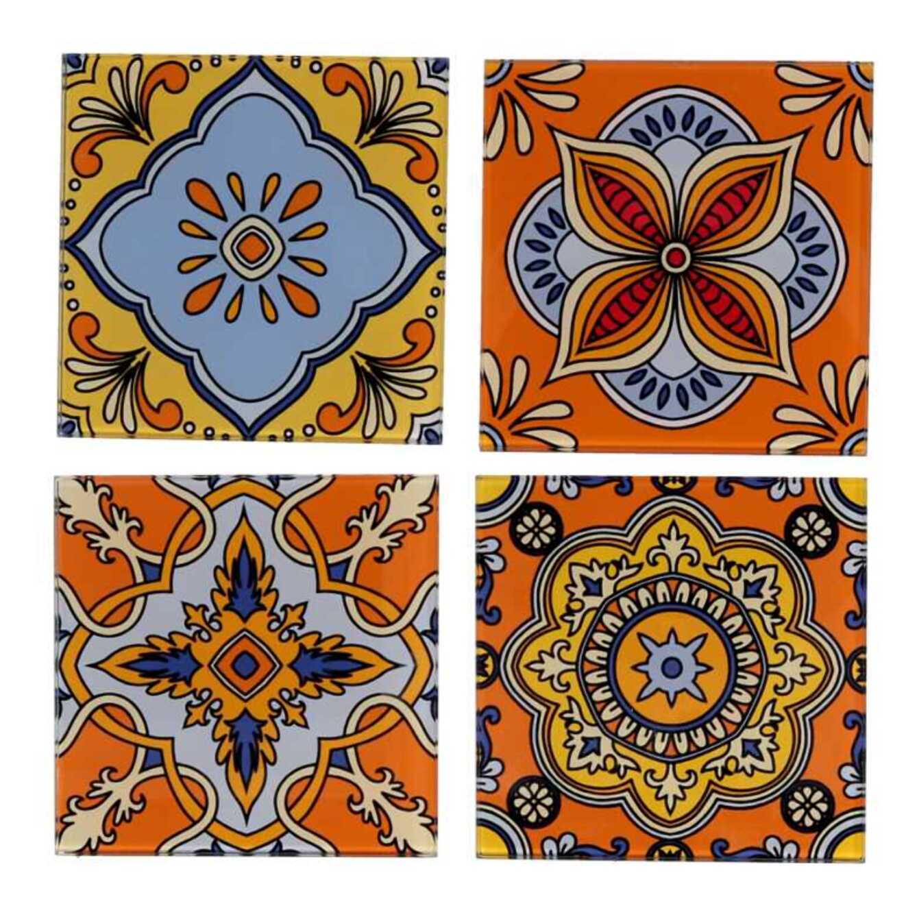 Sottobicchiere in vetro confezione da 4 pezzi assortiti arancione quadro cm10x10x0,6