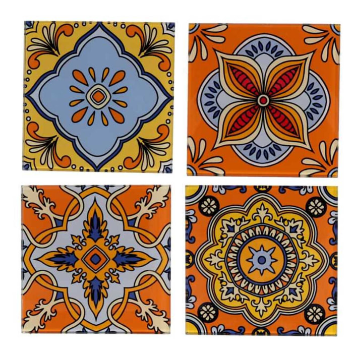 Sottobicchiere in vetro confezione da 4 pezzi assortiti arancione quadro cm10x10x0,6
