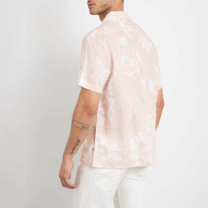 Chemise Island - coupe slim - 100% lin - motif fleuri - rose et blanc
