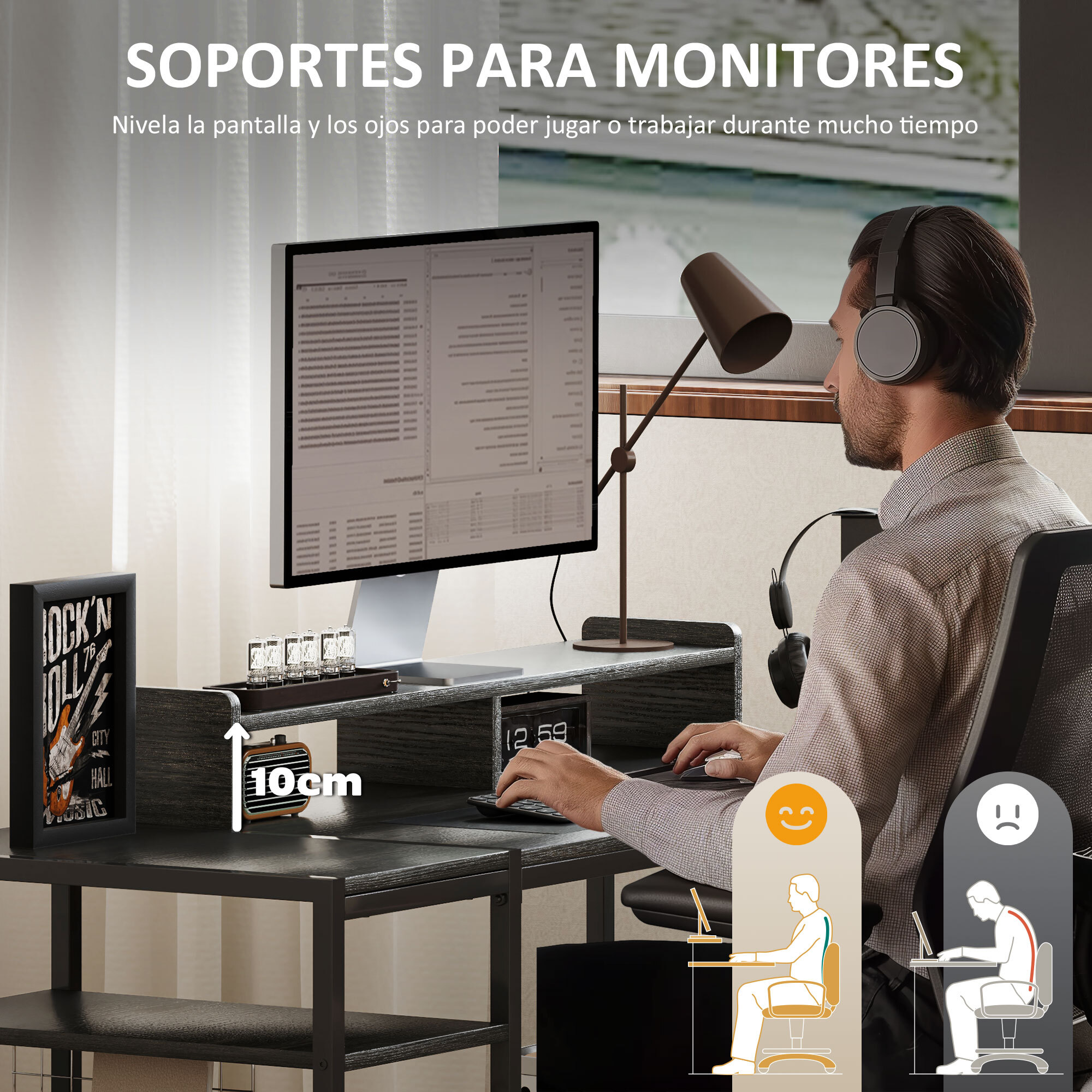 Escritorio Moderno Mesa de Escritorio con Estantes Laterales Soporte para Monitor Ajustable y Estructura Móvil Mesa de Ordenador para Oficina Estudio 120x48x85,5 cm Gris Carbón