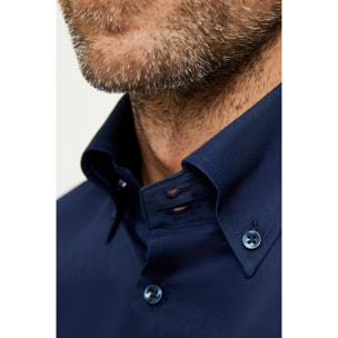 Camicia Uomo 2 Bottoni Button Down Slim Satin Unito Blu