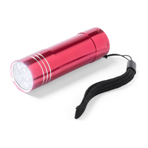Torcia Conny in alluminio con 9 LED ad alta potenza di illuminazione, pulsante protetto e cinturino di trasporto.