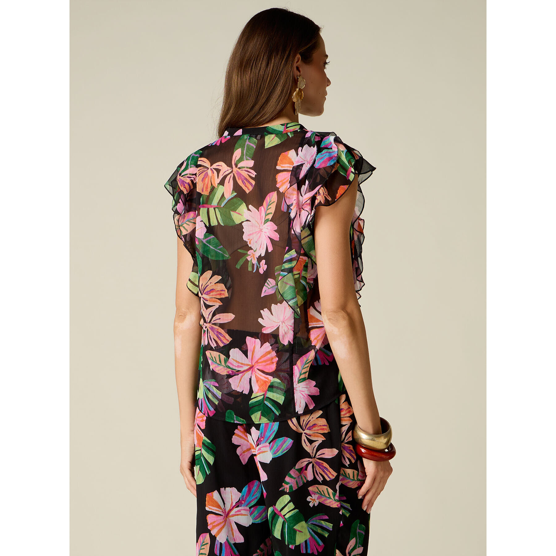 Oltre - Blusa fantasia con volant - Nero