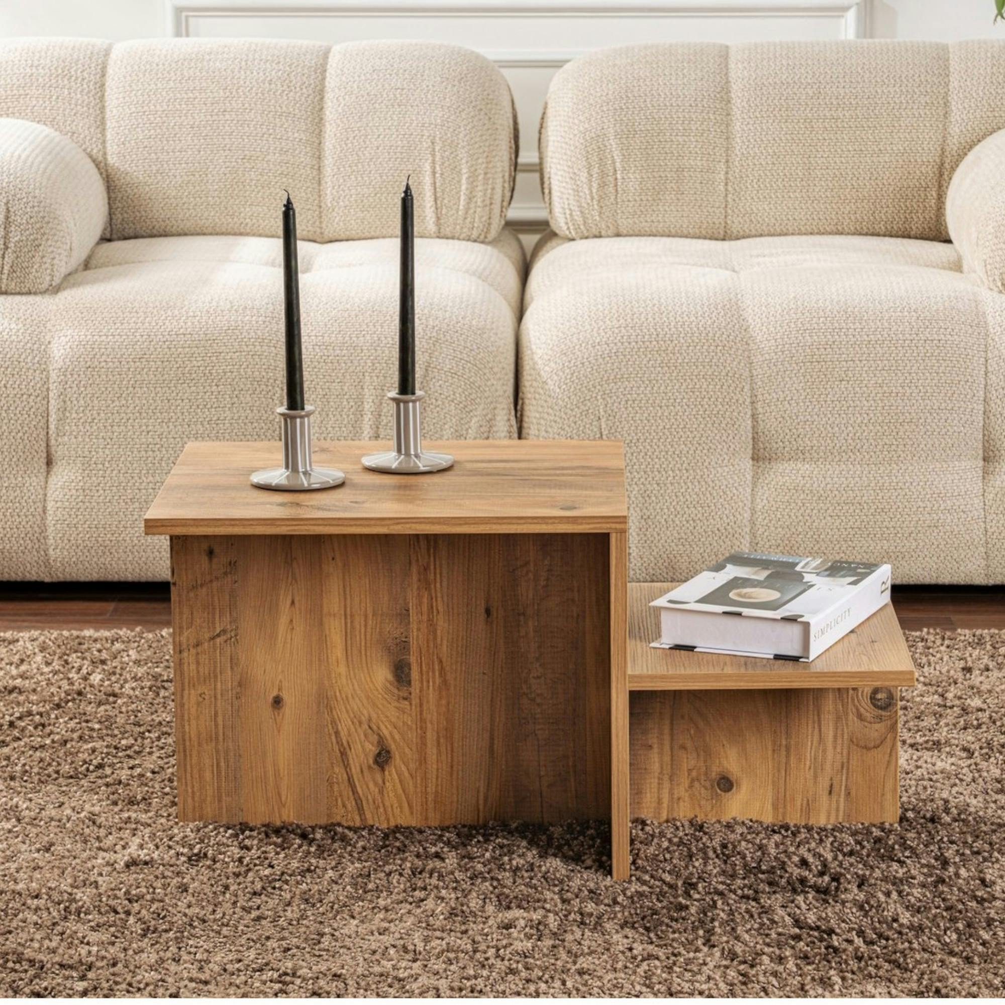 Table basse moderne effet bois naturel - 2 niveaux MARFA