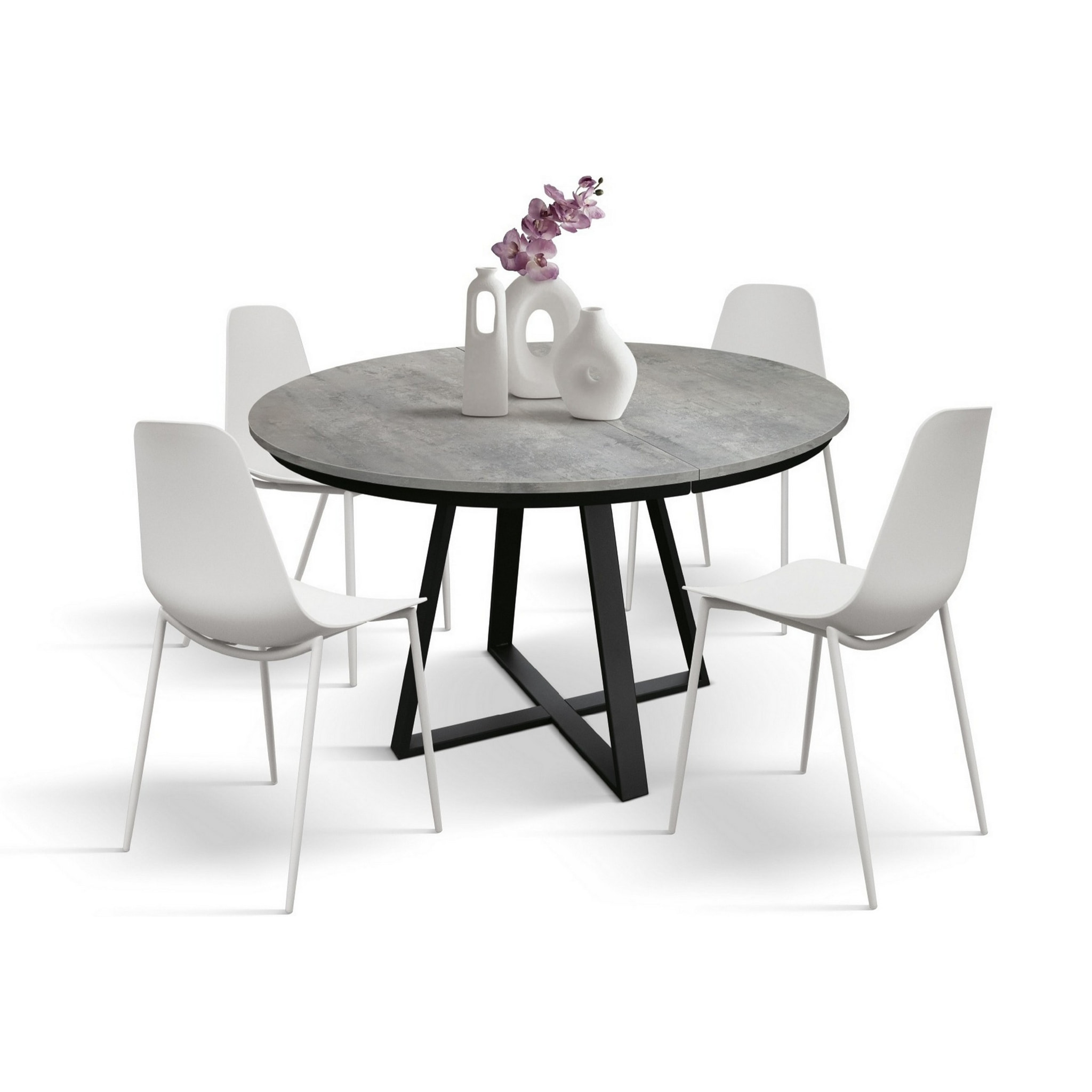 Tavolo rotondo PANTELLERIA in legno effetto grigio cemento con base a X in metallo antracite, allungabile ⌀120 cm - ⌀170 cm