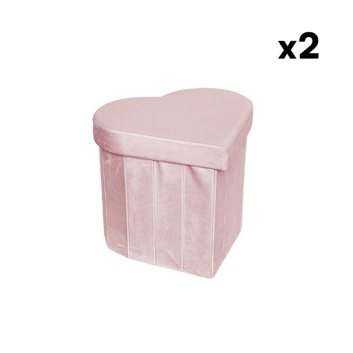 Lot de 2 tabourets-coffre pliables pour enfant avec assise en velours rose et en forme de cœur