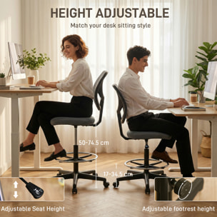 Chaise de bureau assise haute réglable dim. 59L x 61l x 93-113H cm pivotant 360° tissu maille gris