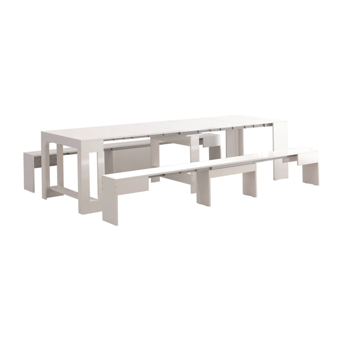 Panca Quedan, Set di 2 sedute per tavolo da pranzo, Panche allungabili, 290x25h45 cm, Bianco lucido