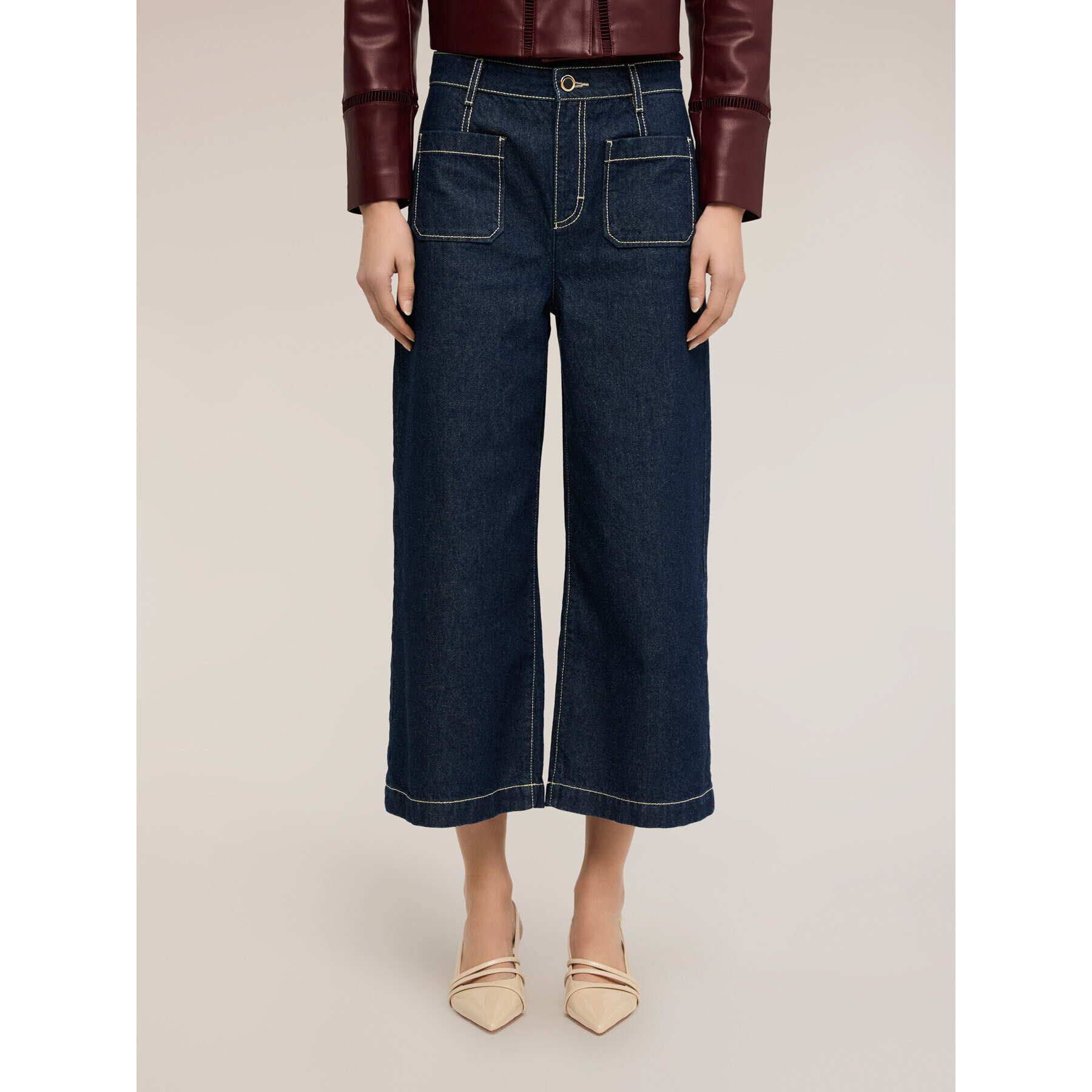 Motivi - Jeans cropped wide leg con costuras en contraste - Azul