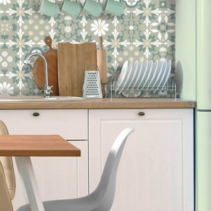 Papier peint carreaux rétro floraux vert sauge et crème