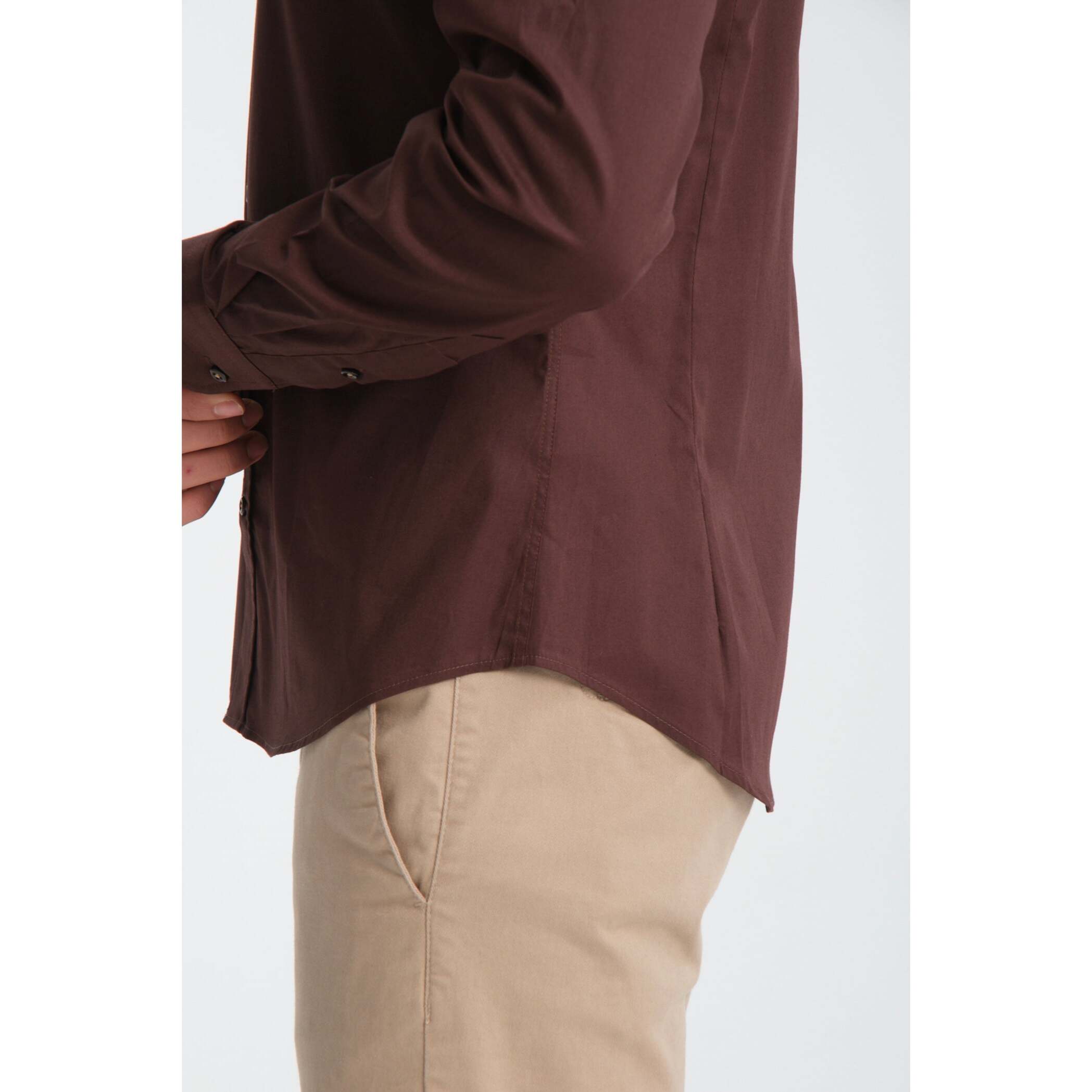 Camicia Uomo 1 Bottoni Button Down Slim Popeline Stretch Unito Marrone