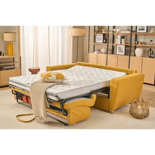 Canapé convertible 3 places en tissu jaune moutarde et bois clair avec matelas L140 cm 13 cm GRAHAM