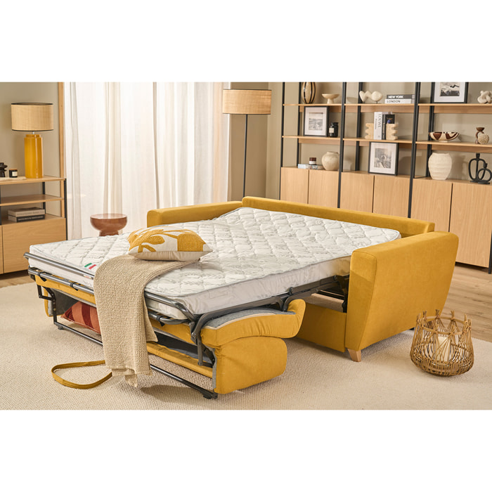 Canapé convertible 3 places en tissu jaune moutarde et bois clair avec matelas L140 cm 13 cm GRAHAM