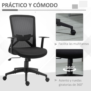 Silla de Oficina Giratoria Silla Escritorio con Altura Ajustable Reposabrazos Soporte Lumbar Respaldo Transpirable y Función Basculante 62x56x95-103 cm Negro