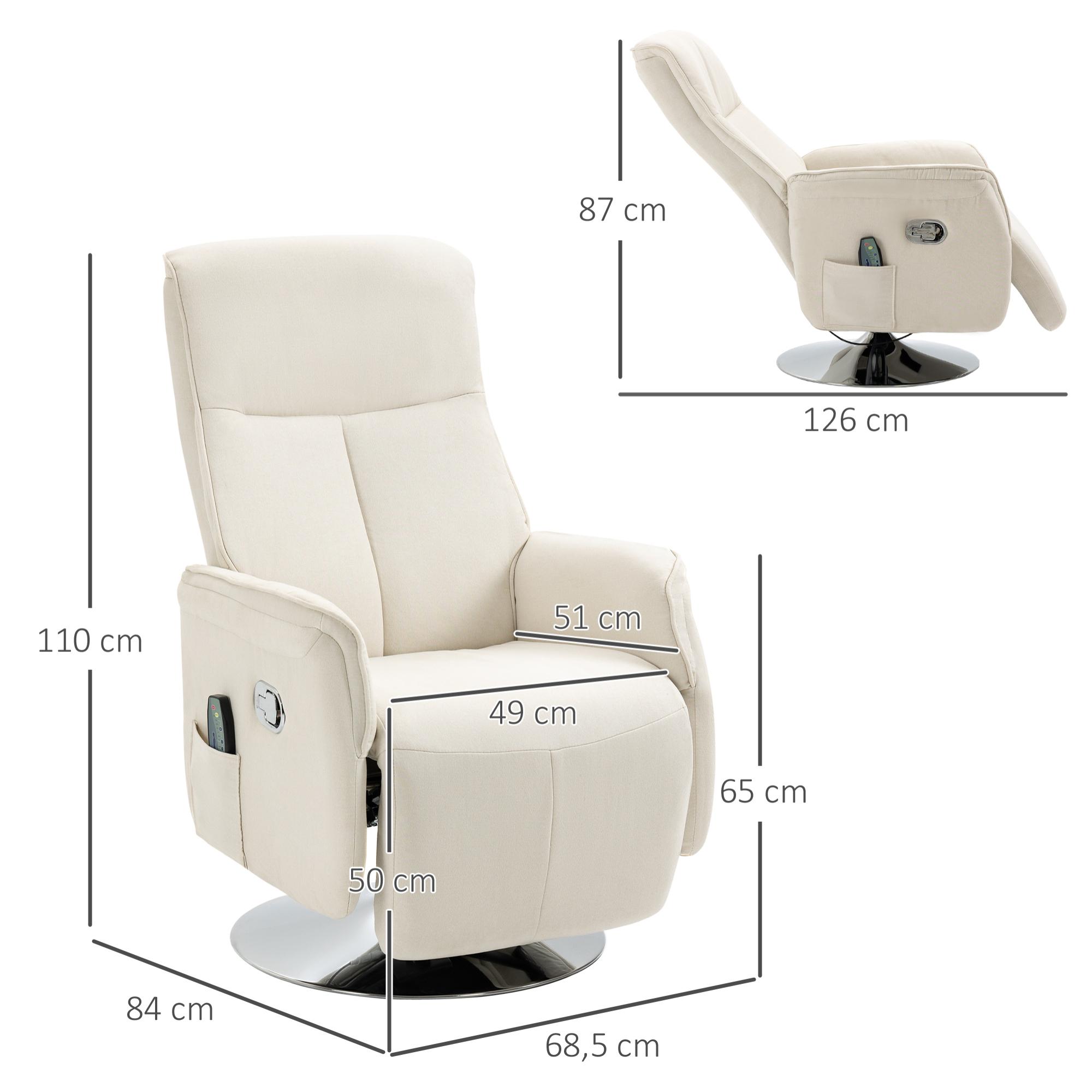 HOMCOM Sillón de Masaje Eléctrico con Reposapiés Sillón Relax Giratorio Reclinable hasta 135° con Control Remoto 10 Zonas de Masaje y Bolsillo Lateral 68,5x84x110 cm Crema