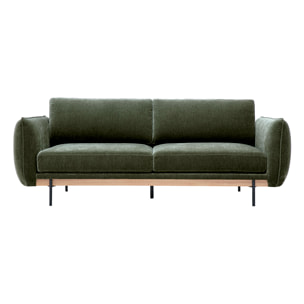 Canapé design 3 places en tissu effet velours vert kaki et métal noir TODD