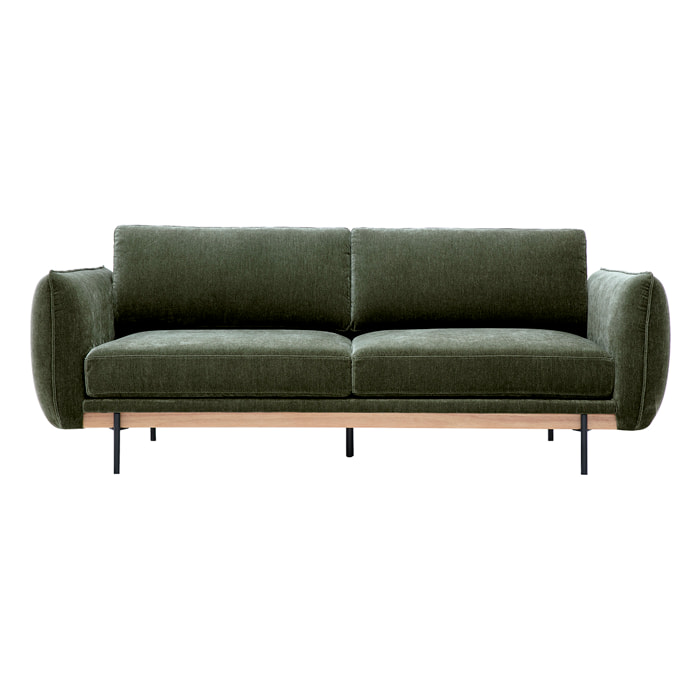 Canapé design 3 places en tissu effet velours vert kaki et métal noir TODD