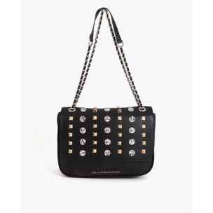 Borsa a tracolla con patta e borchie oro e argento