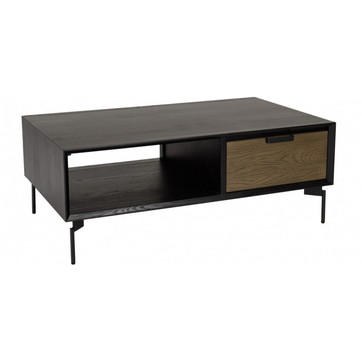 ALMA - Table basse noire 1 niche 2 tiroirs marron foncé pieds métal