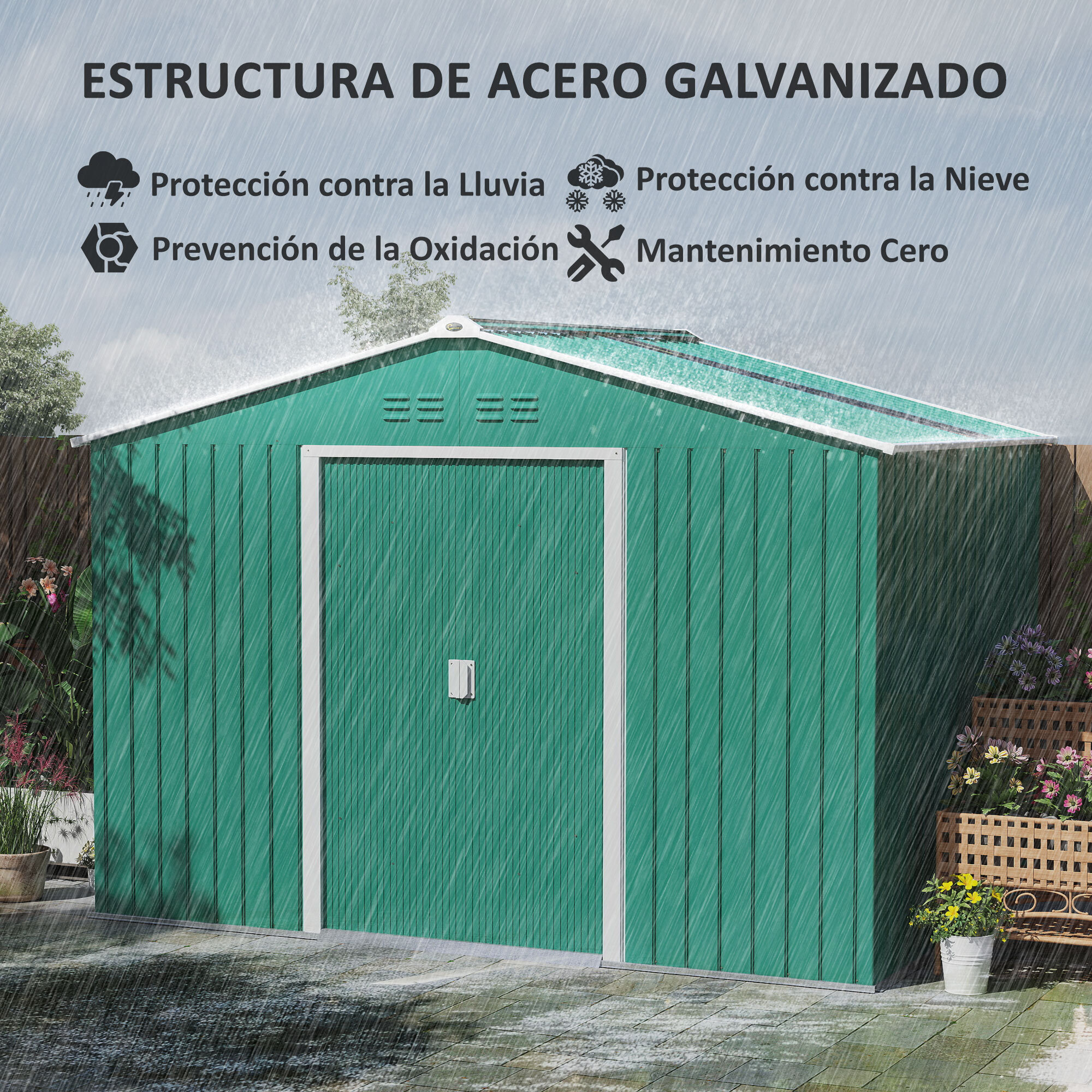 Caseta de Jardín Exterior 4,9 m² 277x195x192 cm Cobertizo de Jardín Exterior con Puerta Corredera Techo de Fibra de Vidrio Base Refuerzo (Suelo NO Incluido) y 4 Ventanas Verde