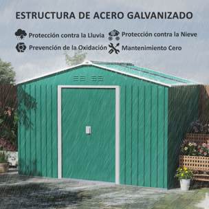 Caseta de Jardín Exterior 4,9 m² 277x195x192 cm Cobertizo de Jardín Exterior con Puerta Corredera Techo de Fibra de Vidrio Base Refuerzo (Suelo NO Incluido) y 4 Ventanas Verde