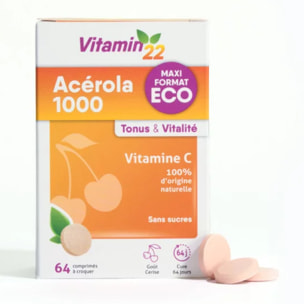 VITAMIN'22 - Acerola 1000 - Complément alimentaire à base d'Acérola- Vitamine C 100% d'origine naturelle - Sans sucre - Sans gluten - Goût Cerise - Cure de 24 j