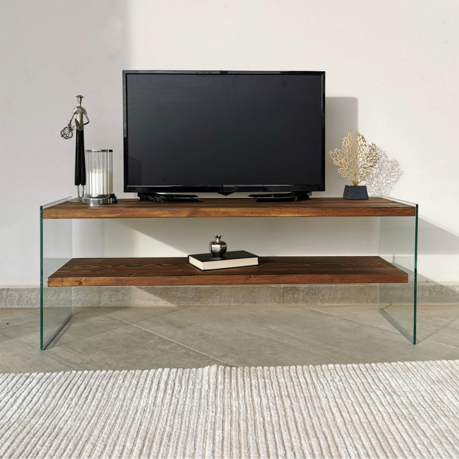 MILLO - Meuble TV contemporain verre et bois 120 cm